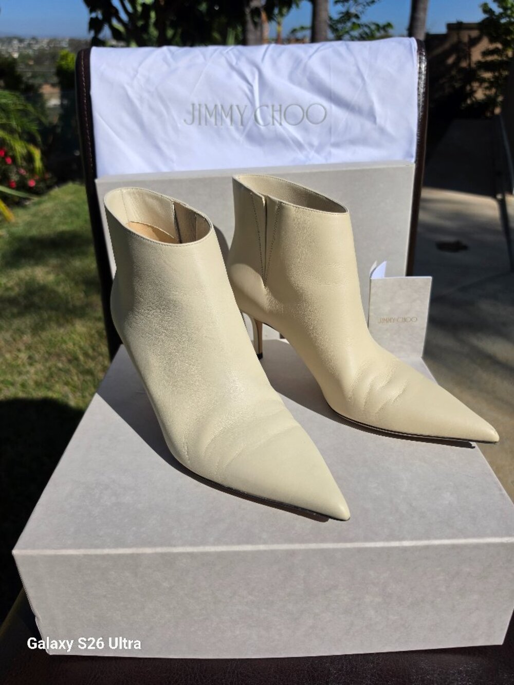 Jimmy Choo Marinda 65 Smooth Leather Pointed Toe Ankle Booties - Size 38 Cream